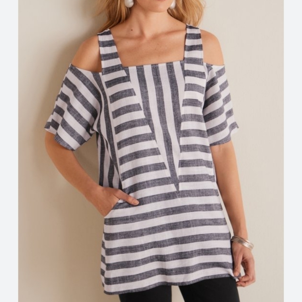 Soft Surroundings Women's Sunset Striped Cold Shoulder Linen Tunic sz Small